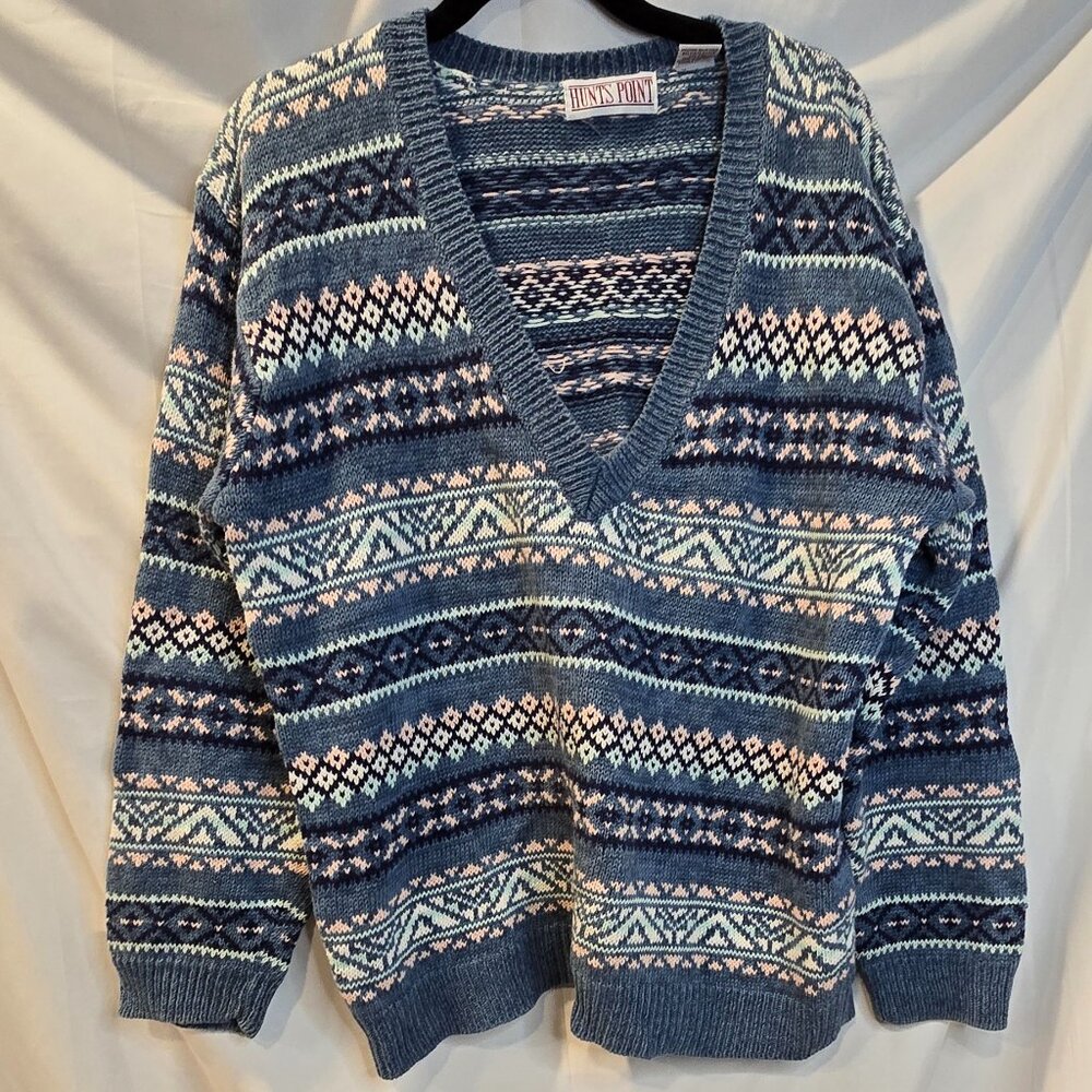 Vintage Hunts Point Sweater Size Large Blue & Pink Cotton Ramie